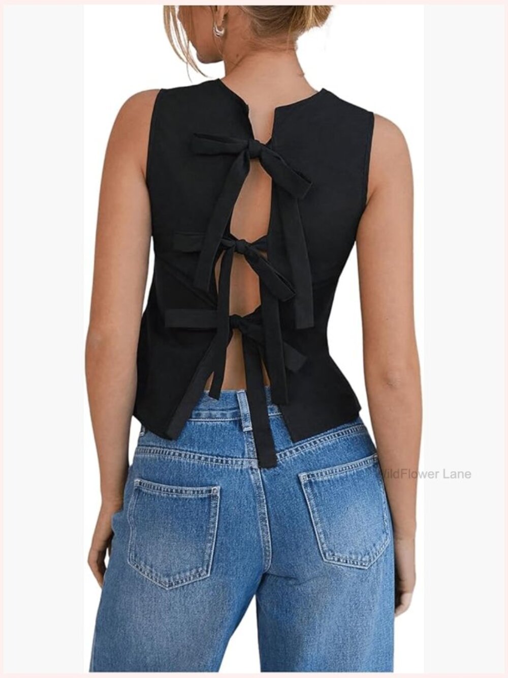Crew Neck Sleeveless Tank Top with Bow Tie Back - Picture 1 of 5